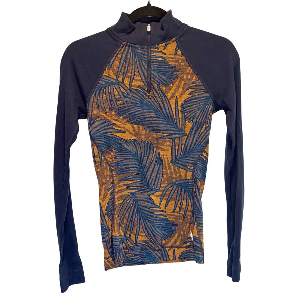 Smartwool Merino 250 Blue Leaf Print Quarter Zip Long Sleeve Top - size XS